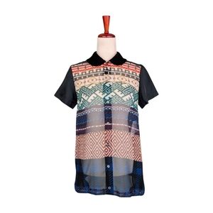 Tricot‎ Commes des Garcons 3D Printed Short Sleeve Button Down Tunic Blouse SZ S